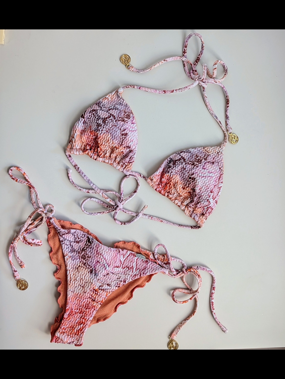Luli Fama Reversible Snake Print Scrunch Bikini Set Size Small Triangle Top